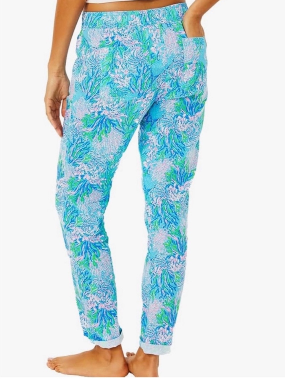 Lilly Pulitzer Taron Linen Pants Medium Blue Coral Print